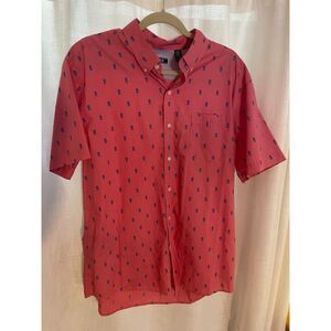 Izod Men's XL Short Sleeve Button‎ Down Shirt Pineapple Print Pink and Blue EUC